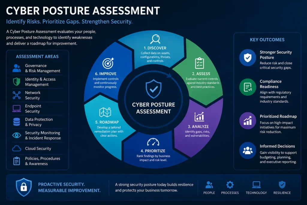 Cybersecurity posture assessment process identifying security gaps and improvement opportunities