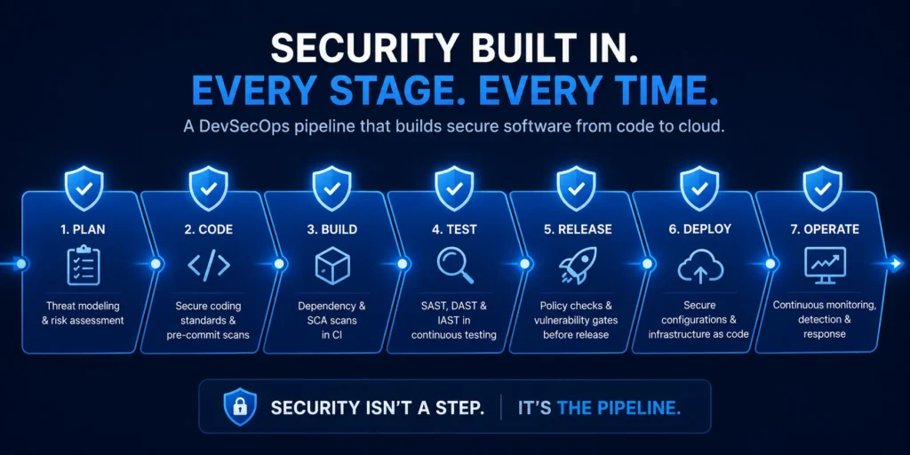 DevSecOps pipeline with security built into every development stage