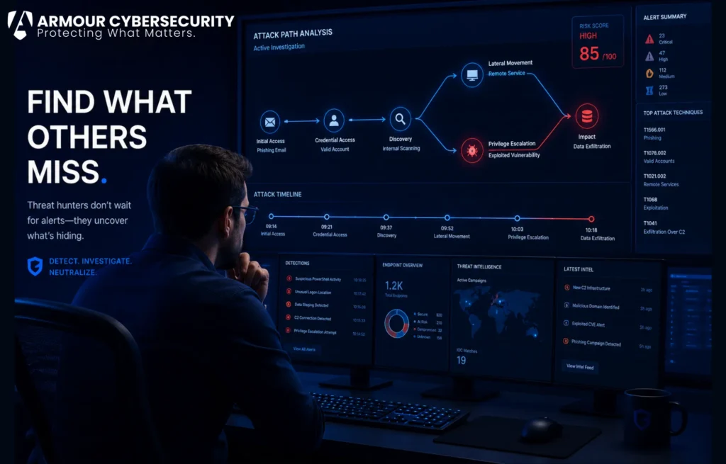 Cyber threat hunting analyst searching for hidden threats in a SOC