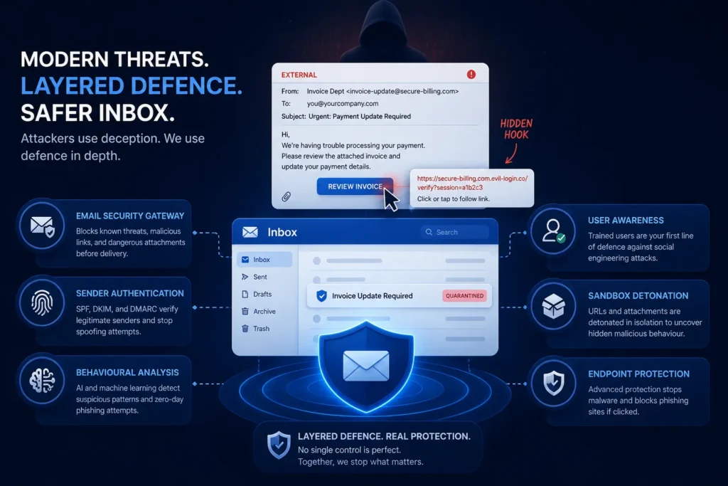 Layered defence against modern phishing attacks on a business inbox
