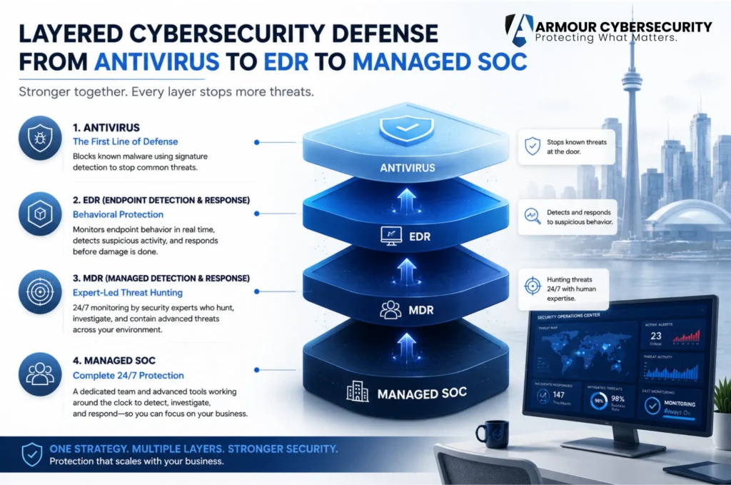 Layered cybersecurity defense from antivirus to EDR to managed SOC