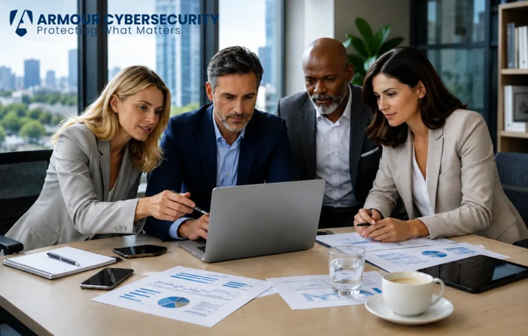 Business leadership team reviewing incident response plan on a laptop during a cybersecurity crisis meeting in a modern boardroom, with security reports and analytics documents on the table, featuring Armour Cybersecurity branding.