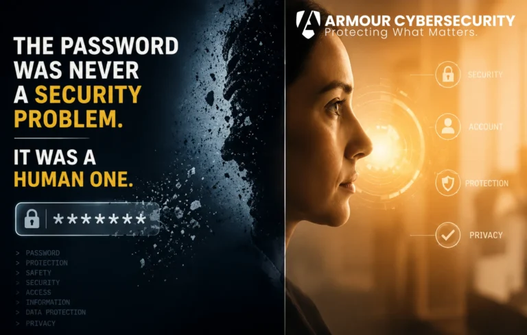 Split-screen cybersecurity visual contrasting traditional password vulnerability with modern biometric identity protection, featuring a dissolving human silhouette on the dark side and a woman with facial recognition security icons on the light side, with Armour Cybersecurity branding.