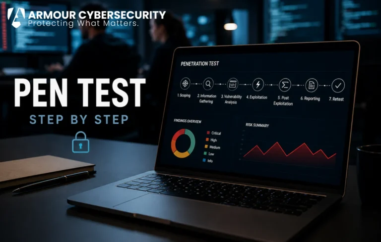 Step-by-step penetration test process showing scoping, scanning, exploitation, reporting, and retesting