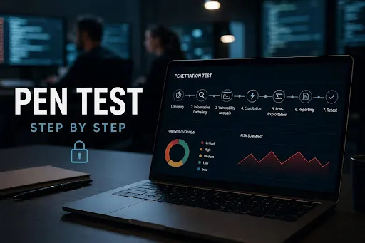 Step-by-step penetration test process showing scoping, scanning, exploitation, reporting, and retesting