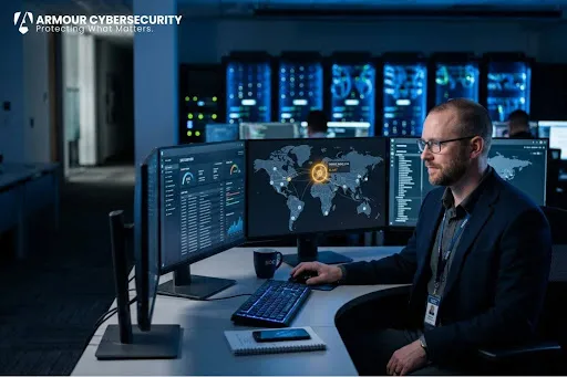 Board of executives reviewing an elevated global cyber-risk dashboard with Armour Cybersecurity advisors in a modern boardroom