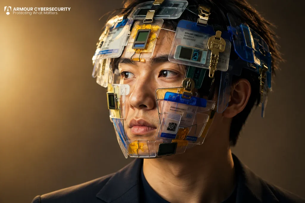 A person's face covered with layered access control badges and microchips, representing identity and access management in cybersecurity