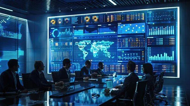 Executive team reviewing vulnerability assessment and penetration testing results during a cybersecurity strategy meeting.
