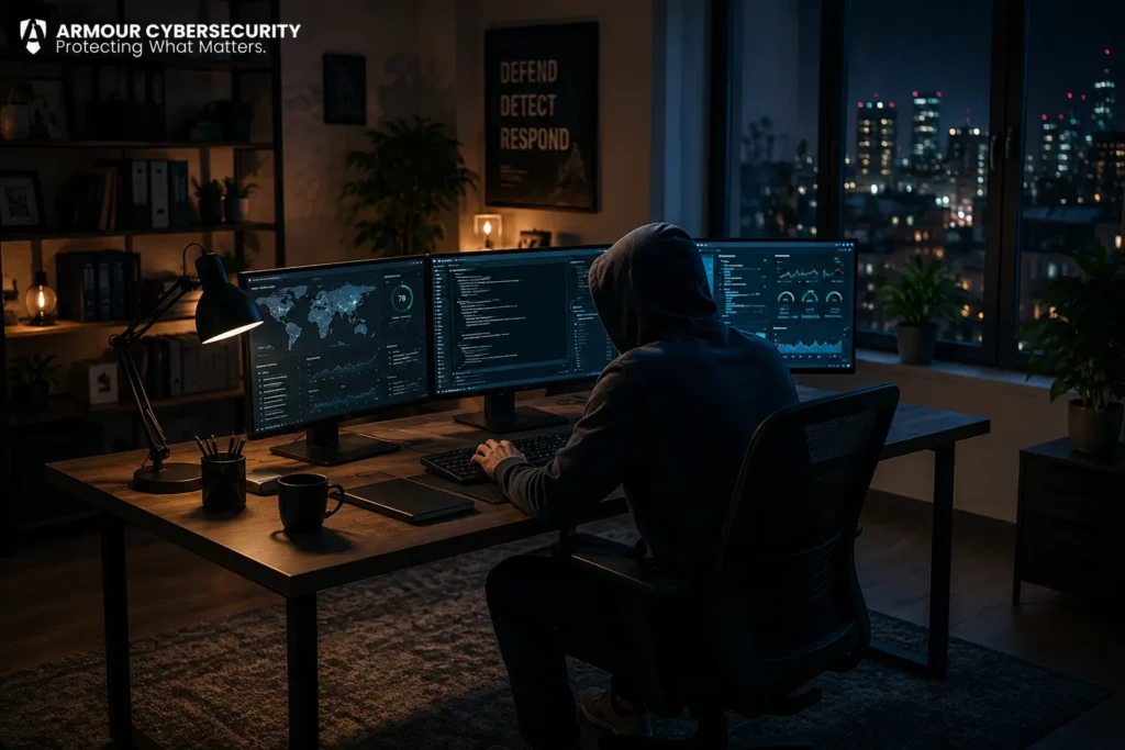Penetration testing specialist analyzing cybersecurity vulnerabilities across multiple monitors in a secure operations environment.