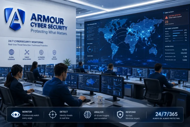 Armour Cybersecurity Security Operations Center with analysts providing 24/7 cybersecurity monitoring, AI-powered threat detection, global threat intelligence, and real-time incident response across enterprise networks.