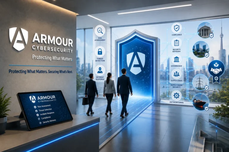 Armour Cybersecurity corporate office showcasing Canadian cybersecurity compliance services, including risk assessment, threat detection, incident response, governance, security advisory, and 24/7 security monitoring.