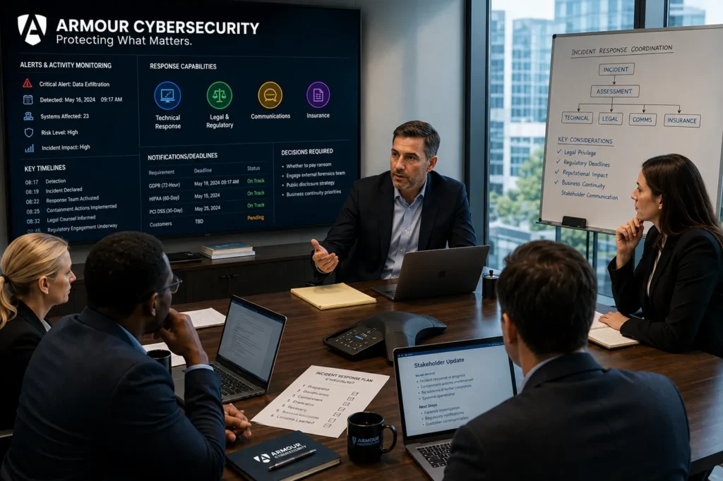 Armour Cybersecurity incident response team conducting a cyber incident response planning workshop with executives, displaying breach response timelines, regulatory requirements, stakeholder communications, and recovery planning.