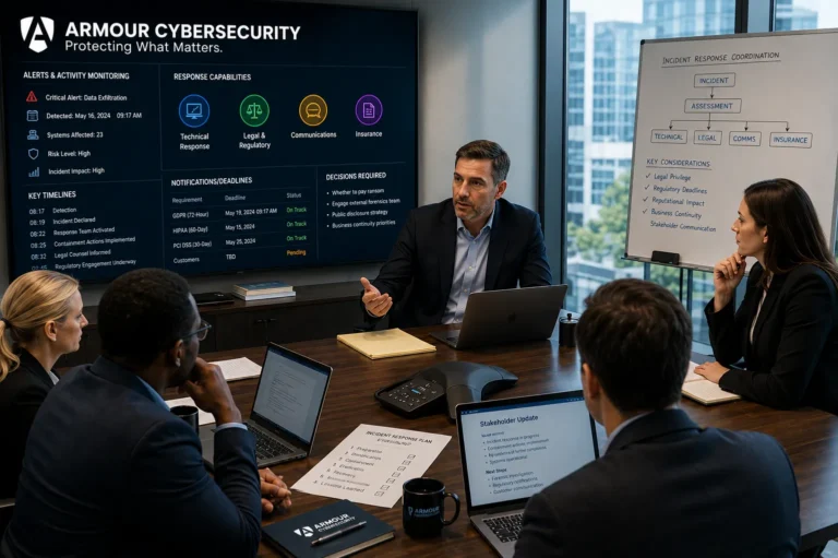 Armour Cybersecurity incident response team conducting a cyber incident response planning workshop with executives, displaying breach response timelines, regulatory requirements, stakeholder communications, and recovery planning.
