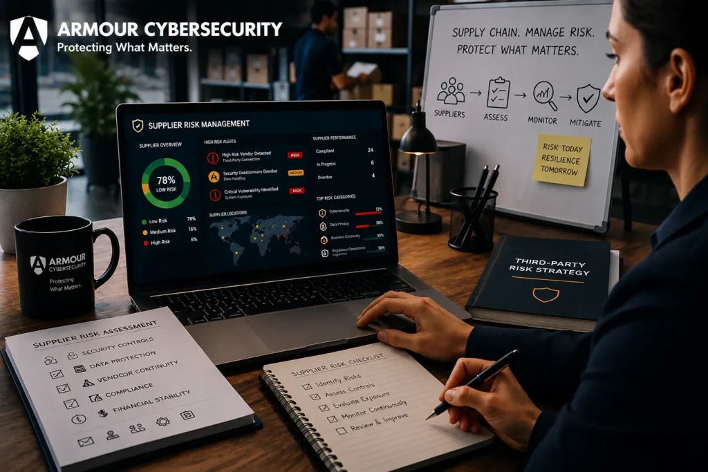 Cybersecurity professional reviewing a supplier risk management dashboard with third-party risk assessment checklist, compliance documents, and Armour Cyber Security branding in a modern office.