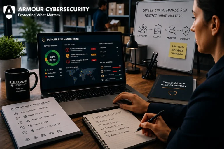 Cybersecurity professional reviewing a supplier risk management dashboard with third-party risk assessment checklist, compliance documents, and Armour Cyber Security branding in a modern office.