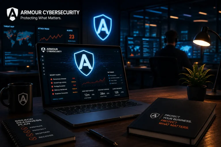 Security Operations Center (SOC) analyst monitoring real-time cybersecurity threats through a managed security dashboard featuring ransomware detection, incident response metrics, and the official Armour Cyber Security branding.