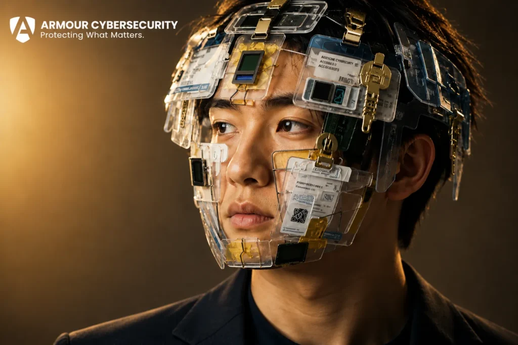 A professional portrait of a technology professional wearing futuristic digital identity and cybersecurity interface components, representing identity protection, cyber resilience, and emerging security technologies. The official Armour CyberSecurity white logo with the tagline "Protecting What Matters." appears in the upper-left corner.