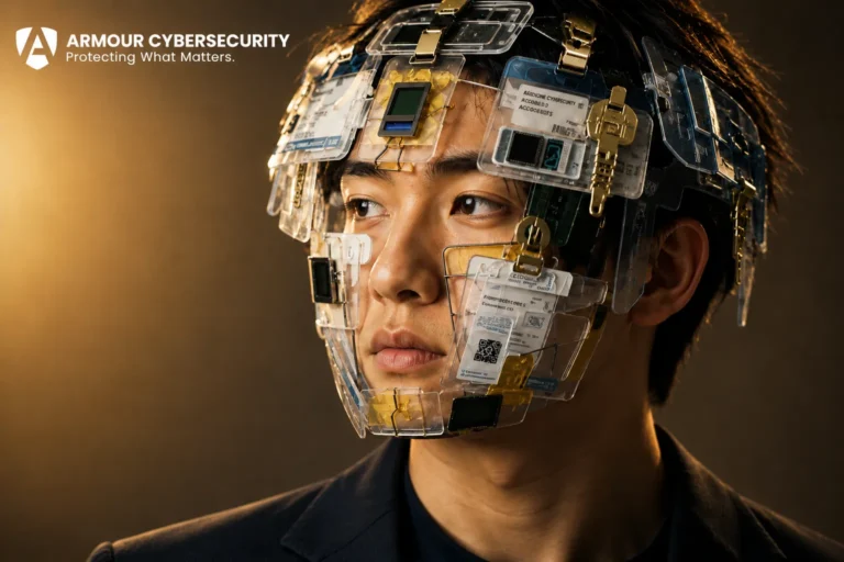 A professional portrait of a technology professional wearing futuristic digital identity and cybersecurity interface components, representing identity protection, cyber resilience, and emerging security technologies. The official Armour CyberSecurity white logo with the tagline "Protecting What Matters." appears in the upper-left corner.