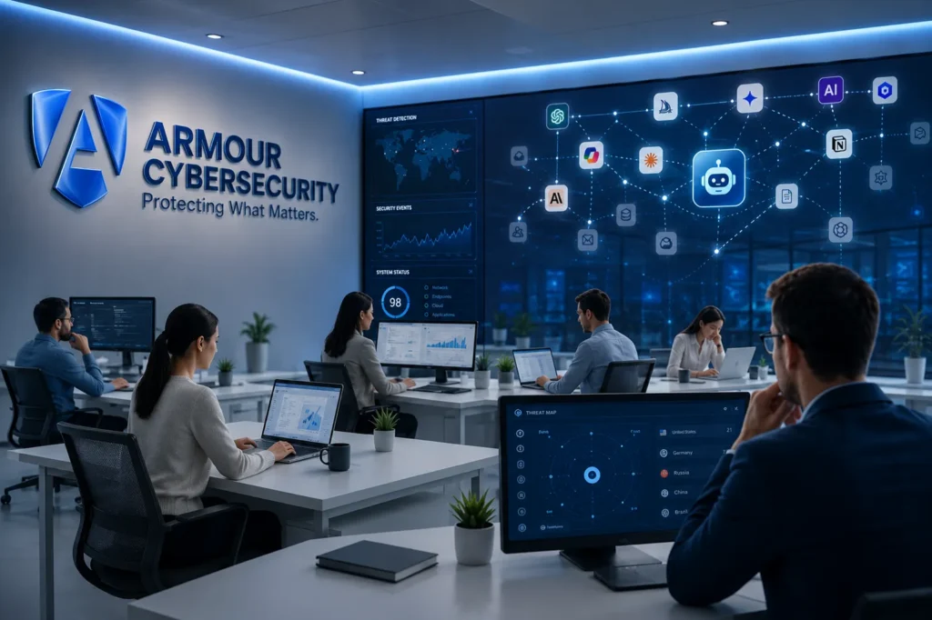 Armour Cybersecurity Security Operations Center monitoring Shadow AI activity across enterprise environments with AI application visibility, threat detection, and governance dashboards.