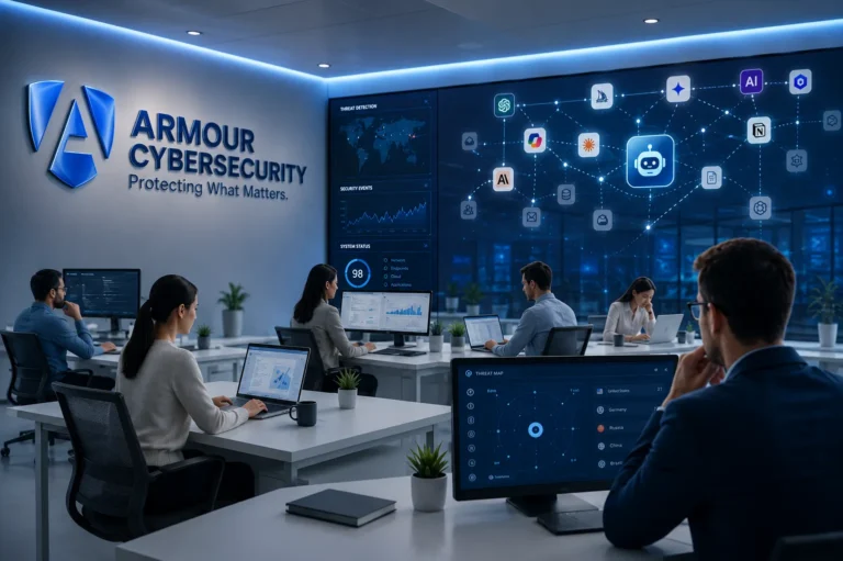 Armour Cybersecurity Security Operations Center monitoring Shadow AI activity across enterprise environments with AI application visibility, threat detection, and governance dashboards.