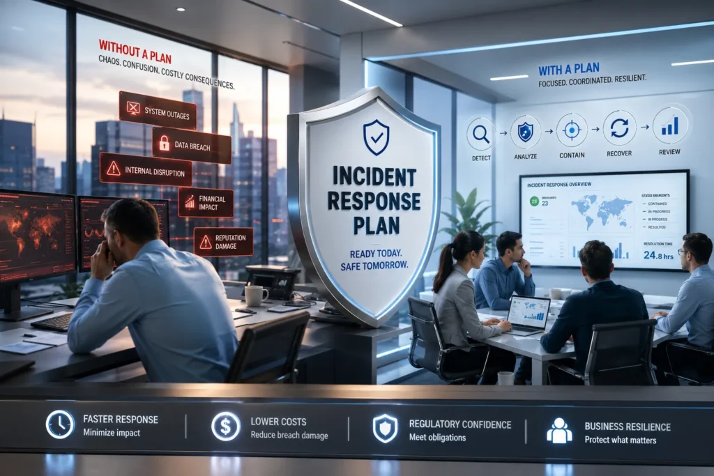 Incident response plan comparison showing an organization without a cyber incident plan versus a coordinated breach response using Armour Cybersecurity.