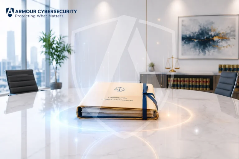 Law firm confidential case files protected by a cybersecurity shield representing ransomware breach readiness and legal data protection