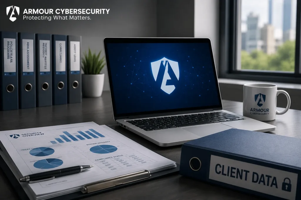 Accounting firm cybersecurity compliance program protecting client tax records, financial information, and sensitive data against cyber threats and regulatory violations.