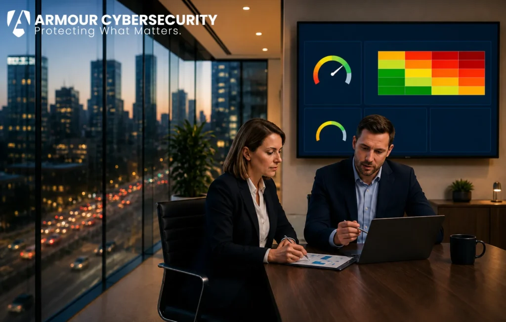 Cybersecurity professionals reviewing a cyber insurance readiness assessment with security maturity metrics, risk analysis, compliance scores, and remediation planning dashboard.