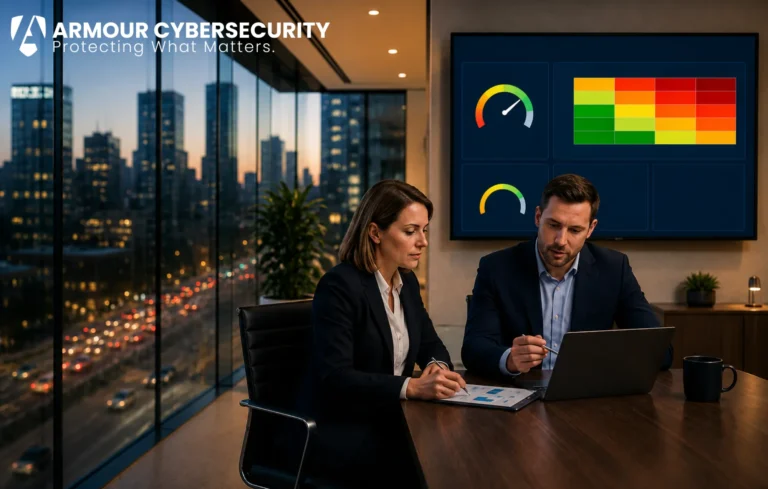 Cybersecurity professionals reviewing a cyber insurance readiness assessment with security maturity metrics, risk analysis, compliance scores, and remediation planning dashboard.