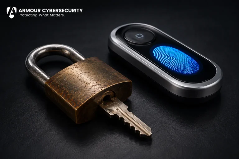 Cybersecurity illustration showing a traditional lock and key alongside a biometric fingerprint scanner representing endpoint security, antivirus protection, EDR, and modern threat detection.