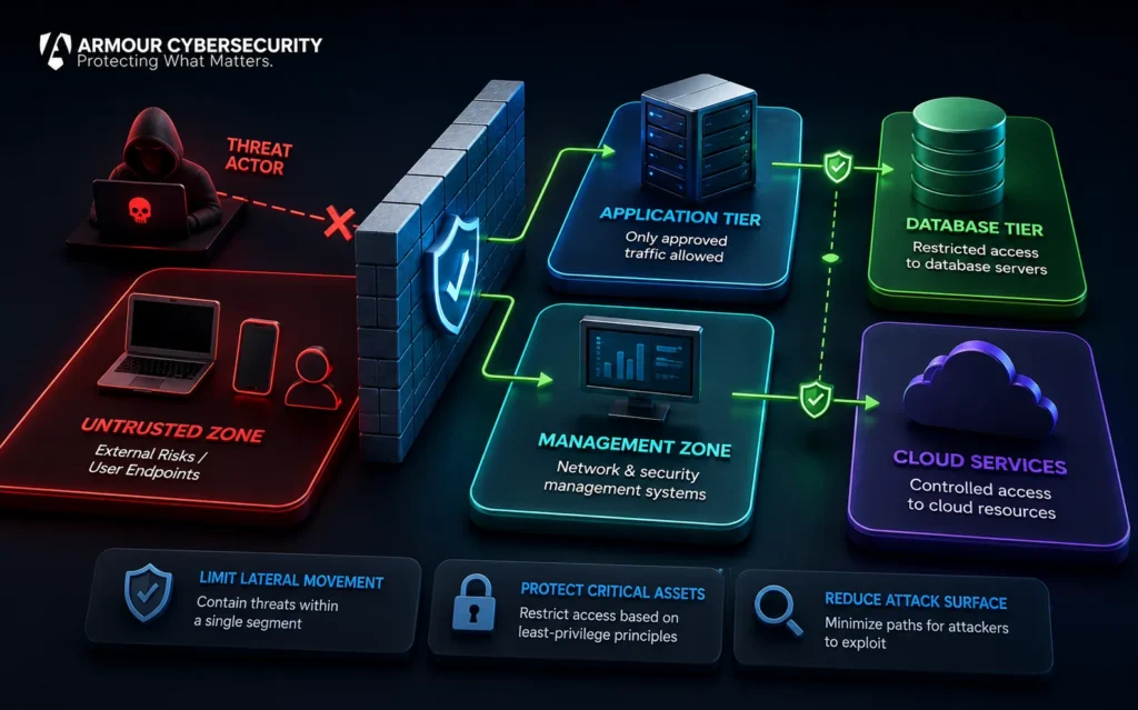 Network segmentation architecture showing isolated security zones, firewall controls, application servers, database systems, and cloud services designed to prevent lateral movement and reduce cyberattack risk.
