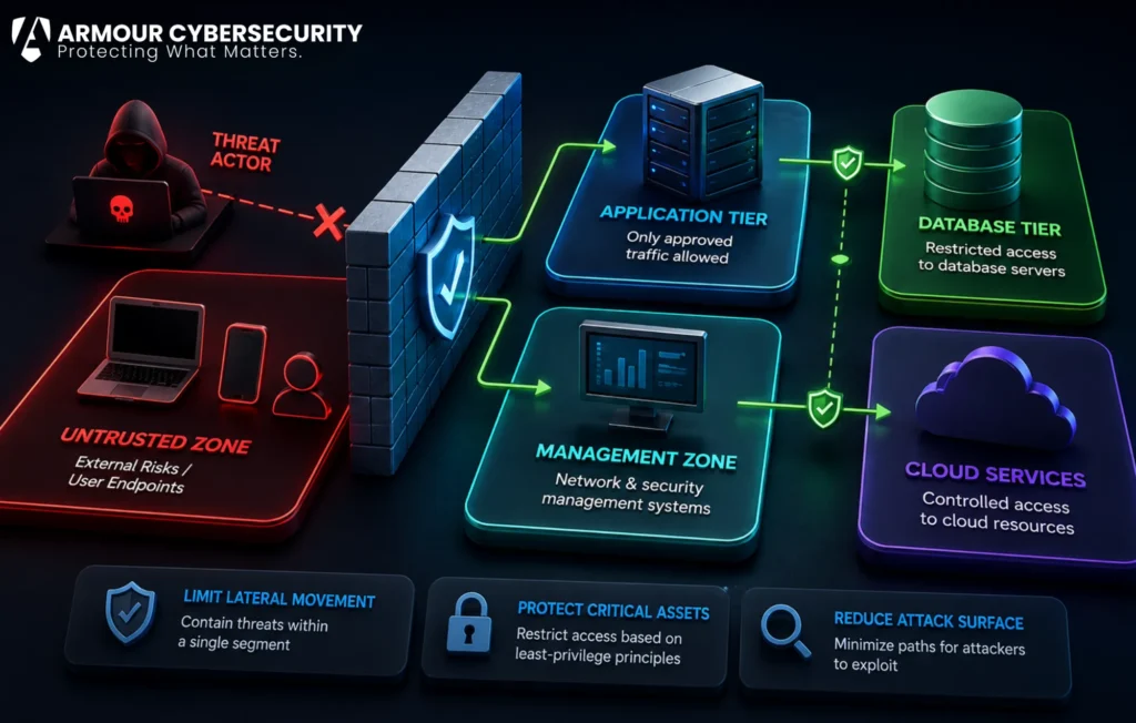 Network segmentation architecture showing isolated security zones, firewall controls, application servers, database systems, and cloud services designed to prevent lateral movement and reduce cyberattack risk.
