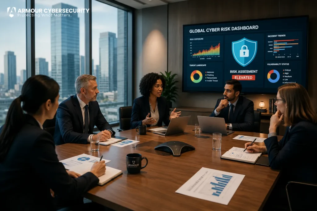 Board of executives reviewing an elevated global cyber-risk dashboard with Armour Cybersecurity advisors in a modern boardroom