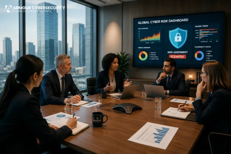 Board of executives reviewing an elevated global cyber-risk dashboard with Armour Cybersecurity advisors in a modern boardroom