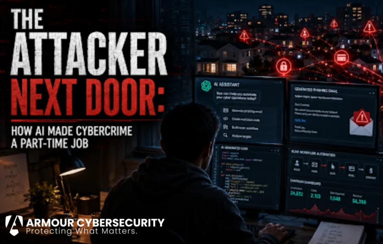 Hooded cybercriminal using AI-powered tools to launch phishing attacks and generate malicious code from a home office, with threat alerts spreading across a neighborhood network, featuring Armour Cybersecurity branding.