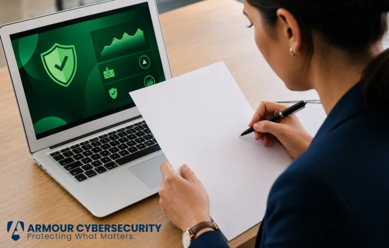 Woman reviewing a printed security and data privacy policy beside a laptop displaying a green "Secure – All Systems Protected" cybersecurity dashboard.
