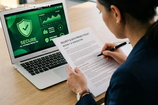 Woman reviewing a printed security and data privacy policy beside a laptop displaying a green "Secure – All Systems Protected" cybersecurity dashboard.