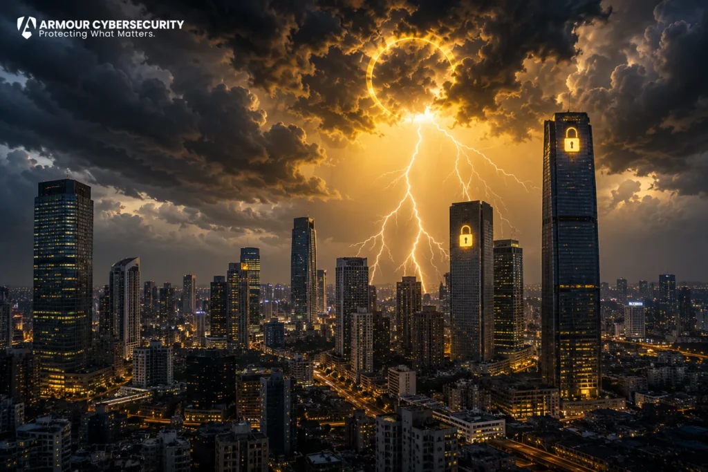 Dramatic cloud security illustration showing lightning striking a city skyline, representing cloud security risks, cyber threats, identity compromise, and infrastructure vulnerabilities.