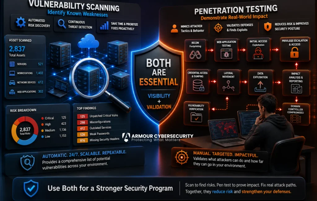 Infographic comparing vulnerability scanning and penetration testing, showing attack phases, risk breakdowns, and why both are essential for a strong security program