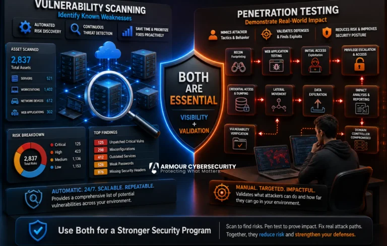 Infographic comparing vulnerability scanning and penetration testing, showing attack phases, risk breakdowns, and why both are essential for a strong security program