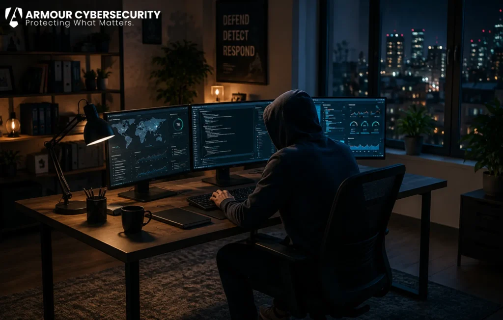 Penetration testing specialist analyzing cybersecurity vulnerabilities across multiple monitors in a secure operations environment.