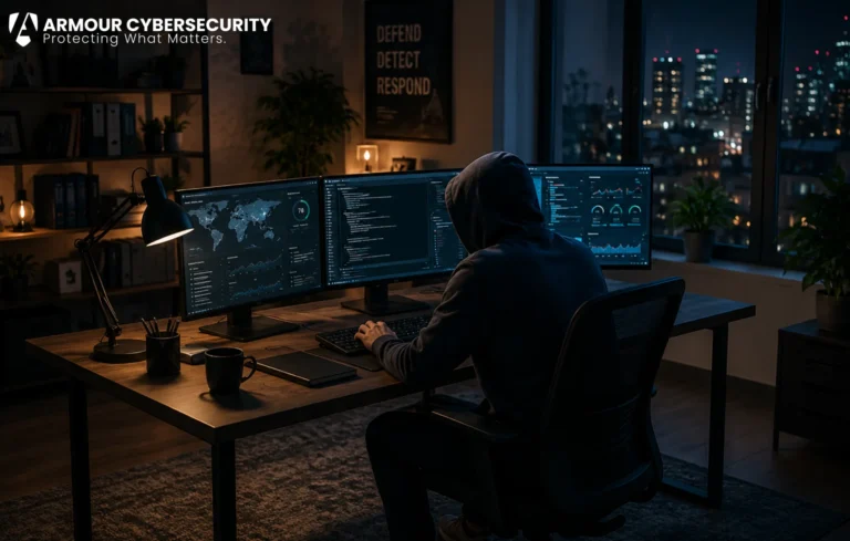 Penetration testing specialist analyzing cybersecurity vulnerabilities across multiple monitors in a secure operations environment.