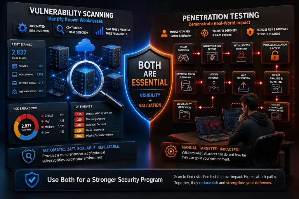 Infographic comparing vulnerability scanning and penetration testing, showing attack phases, risk breakdowns, and why both are essential for a strong security program