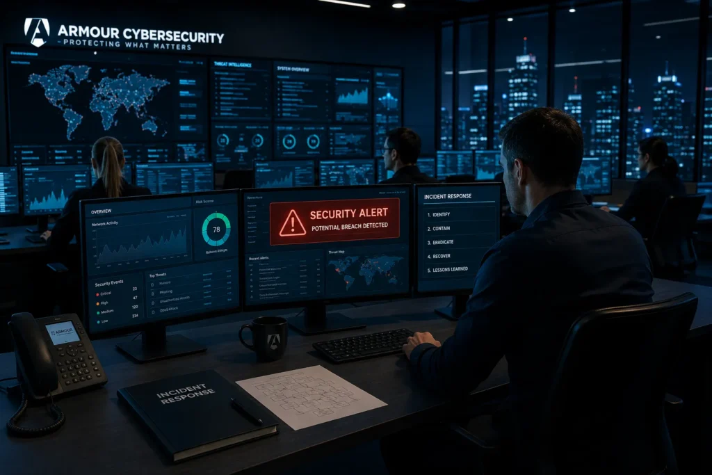 Cybersecurity analysts performing a breach readiness assessment in a security operations center