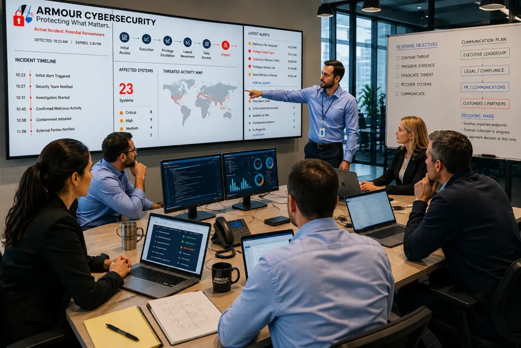 Cybersecurity breach response planning session showing an incident response team managing ransomware threats, threat intelligence, and containment strategies.