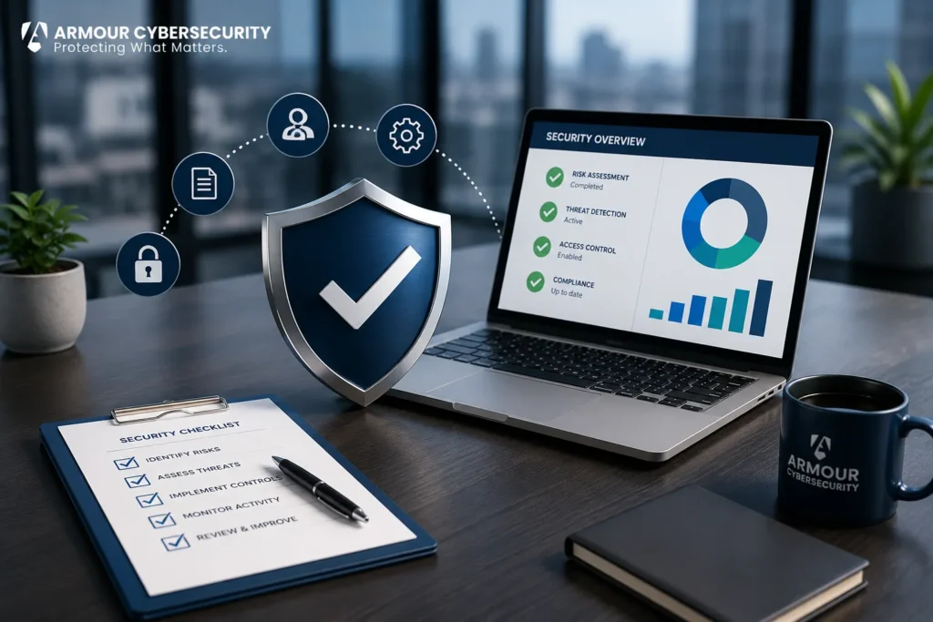 Compliance readiness assessment dashboard displaying cybersecurity controls, audit checklist, and security metrics in a modern office setting.
