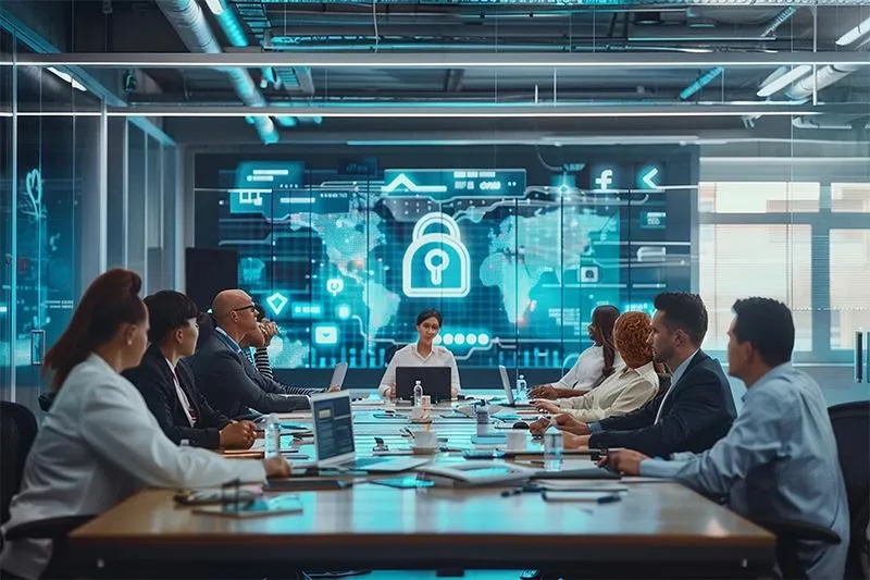 Cybersecurity consultants reviewing network segmentation and security assessment findings with business leaders.