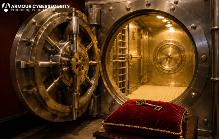 Open bank vault with a gold key symbolizing privileged access management, secure administrative controls, and protection of critical business systems.