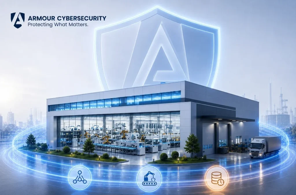 Manufacturing facility protected by cybersecurity controls securing industrial control systems, operational technology networks, and production environments against ransomware attacks.
