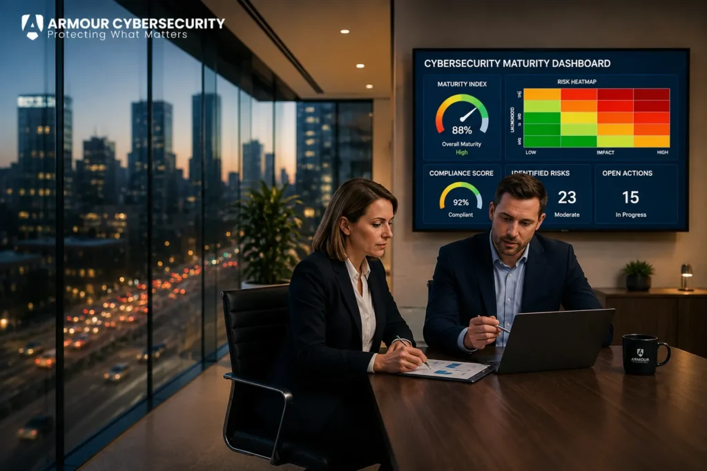 Cybersecurity professionals reviewing a cyber insurance readiness assessment with security maturity metrics, risk analysis, compliance scores, and remediation planning dashboard.